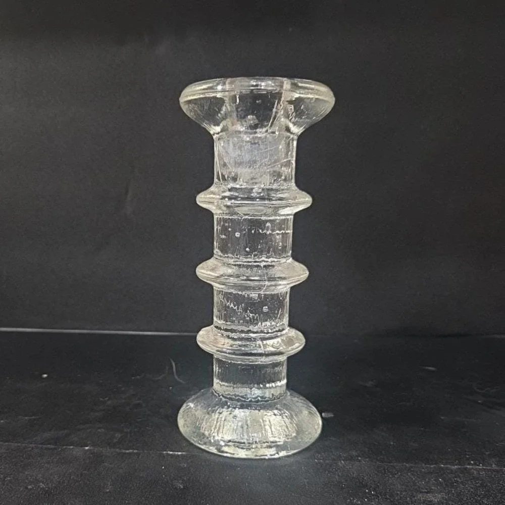 Pukeberg Sweden Three-Ring Pressed Glass Candlestick, Scandinavian Candle Holder
